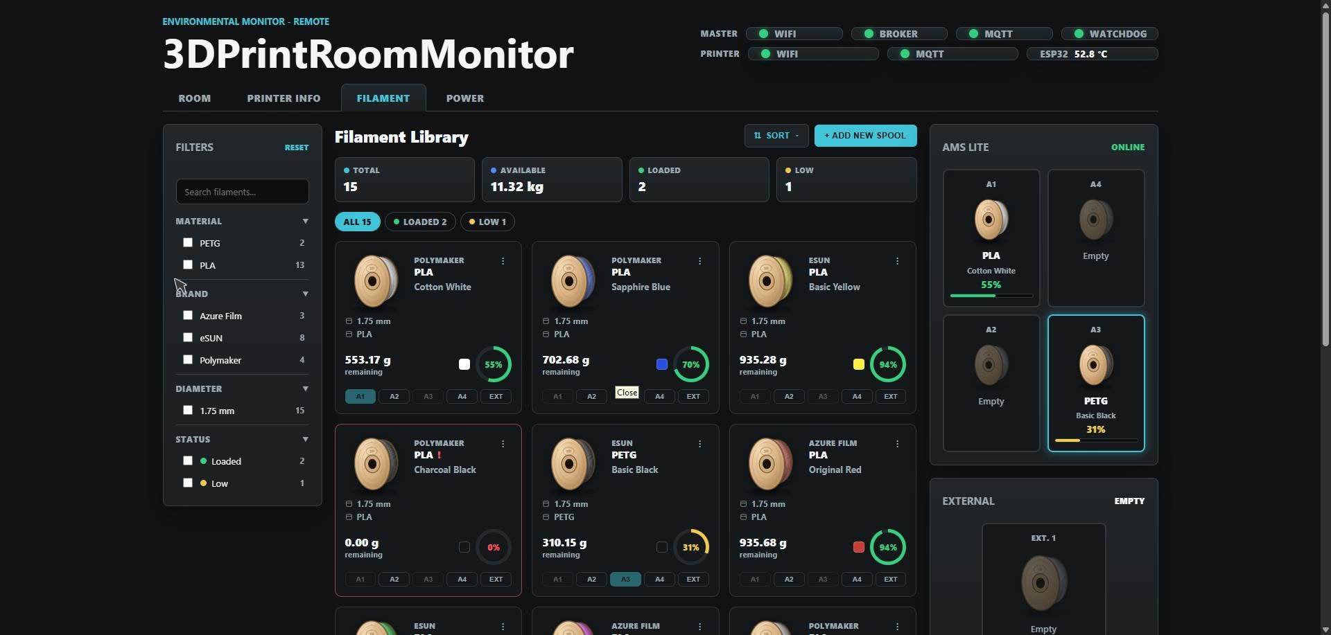 Filament library on the web dashboard — spools with remaining weight tracked from the G-code