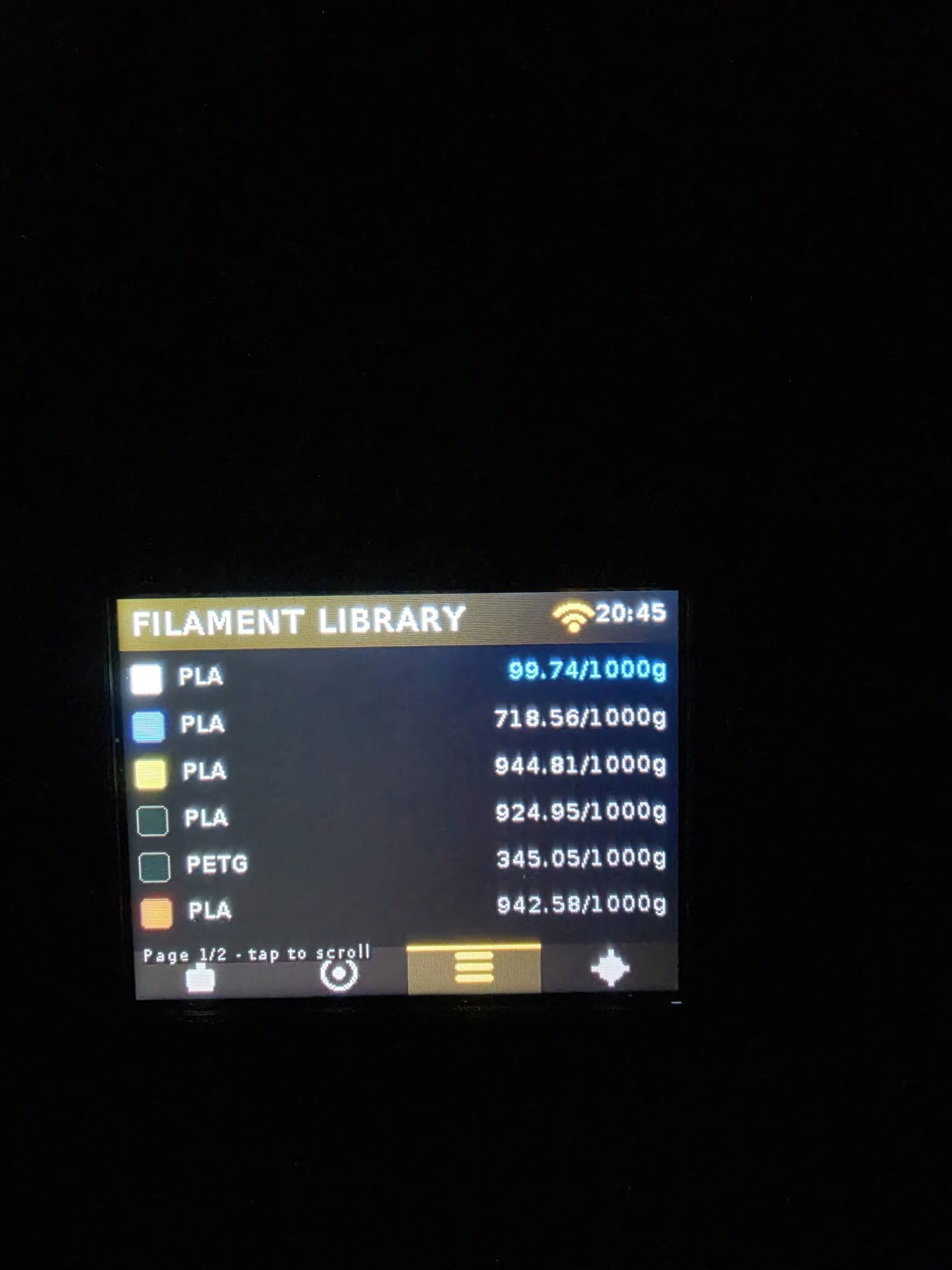 Filament library shown on the CYD display