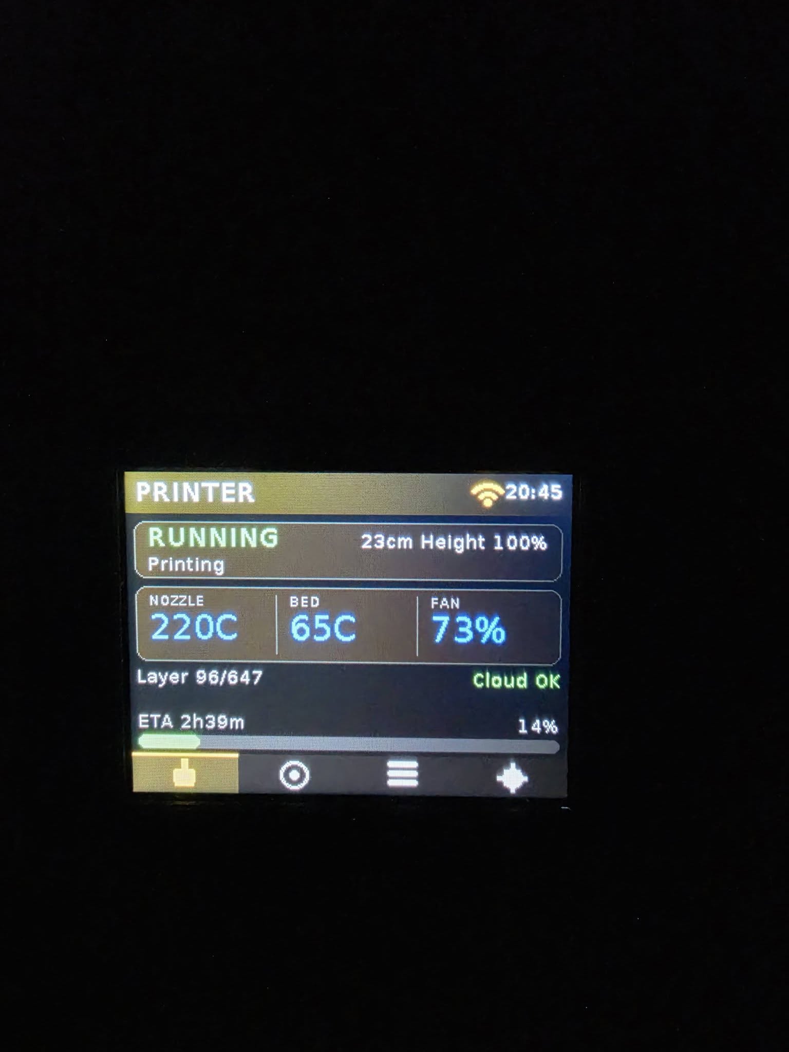 The ESP32-WROOM-32 / CYD display showing a live Bambu Lab print — RUNNING, nozzle 220C, bed 65C, layer 96/647, ETA 2h39m